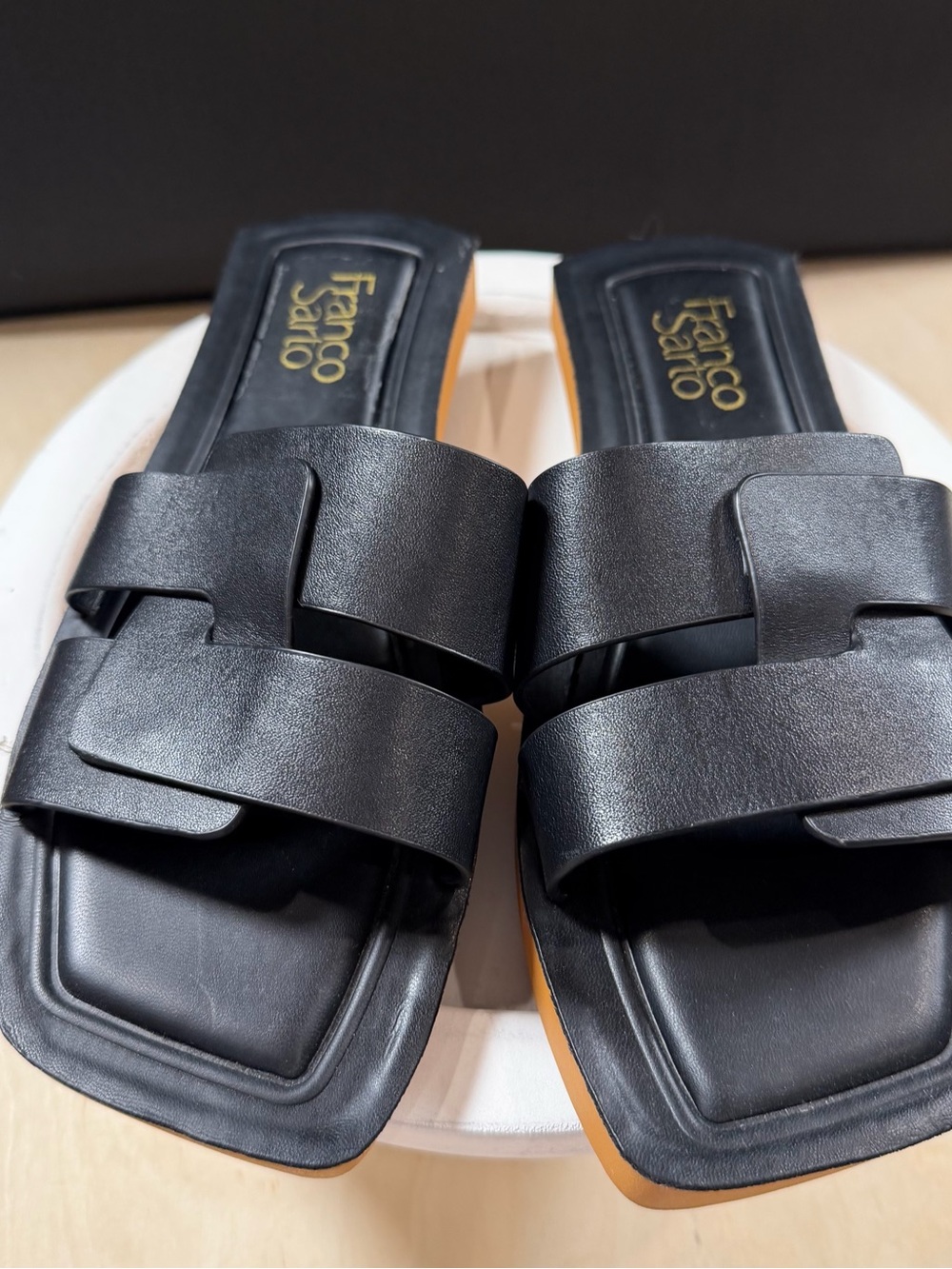 Franco Sarto Women’s Capri Slide Sandals Blk Leather Square Toe Design Size 8.5M